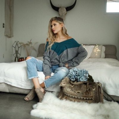 Color Block V Neck Pullover Sweater: Soft Stretchy