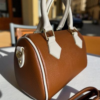 Cognac Brown Italian Leather Boston Bag Handmade Two