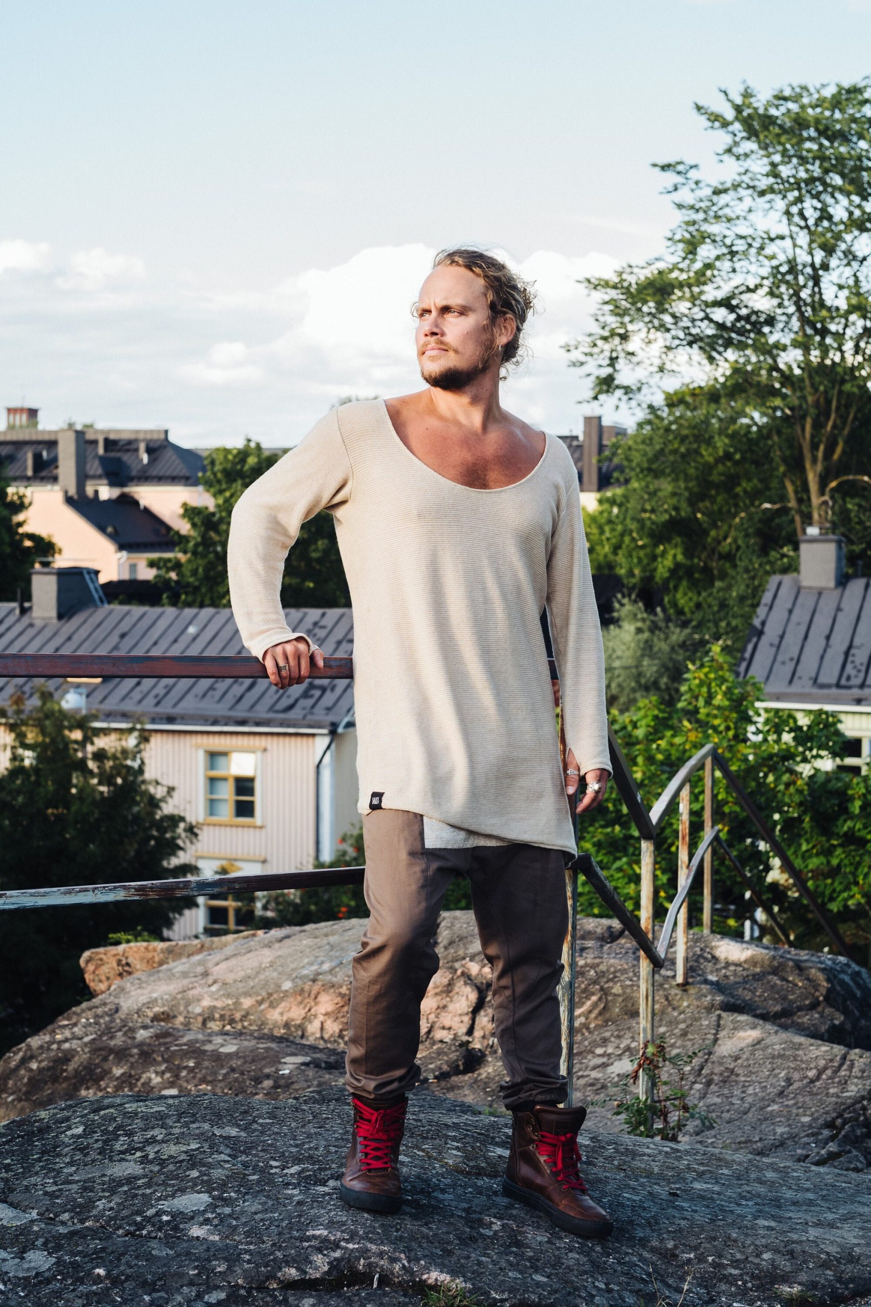 Oversized Knit Cotton Shirt: Deep V Neck Thumb