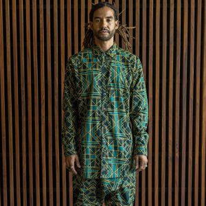 Geometric Print Cotton Buttonup Shirt: Green Boho Festival