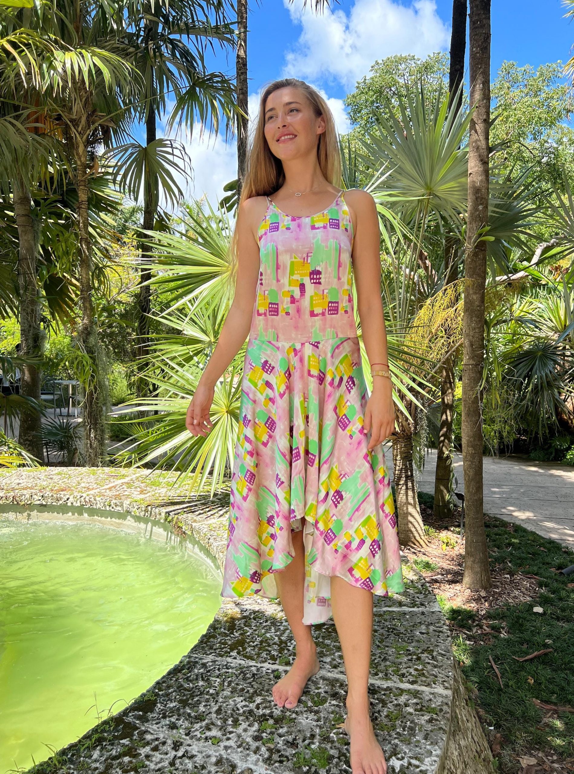 Hand Painted Silk Dress: Miami Beach Art Elegant