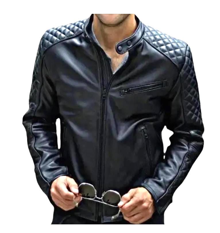 Men's Sheepskin Leather Cafe Racer Jacket Black Motorcycle