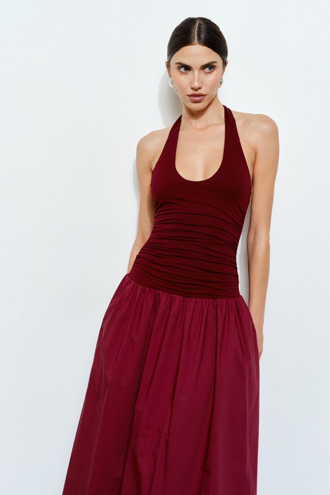 Wine Contrast Halter Maxi Dress With Pockets Elegant