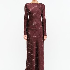 Georgie Burgundy Dot Satin Maxi Dress Long Sleeve