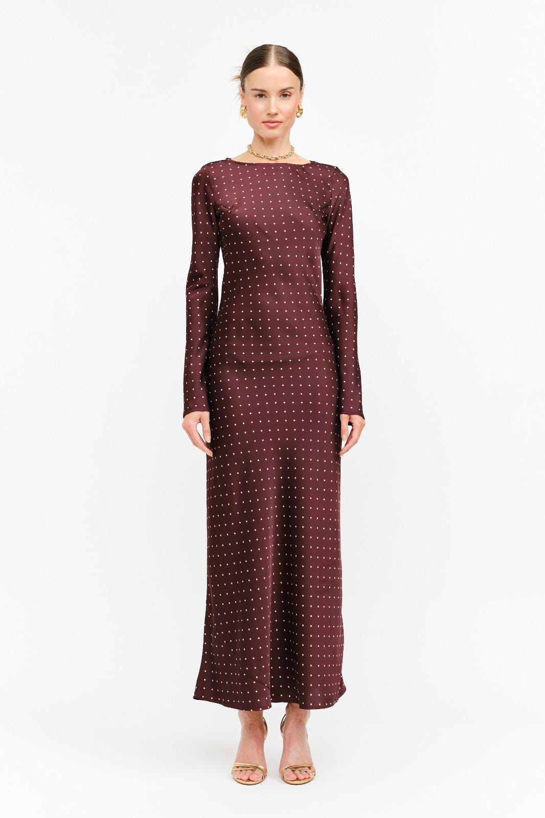 Georgie Burgundy Dot Satin Maxi Dress Long Sleeve