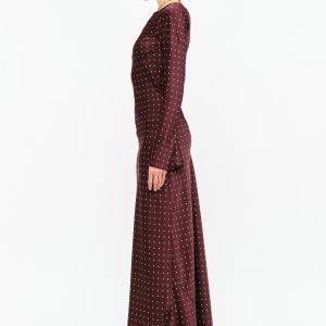 Georgie Burgundy Dot Satin Maxi Dress Long Sleeve