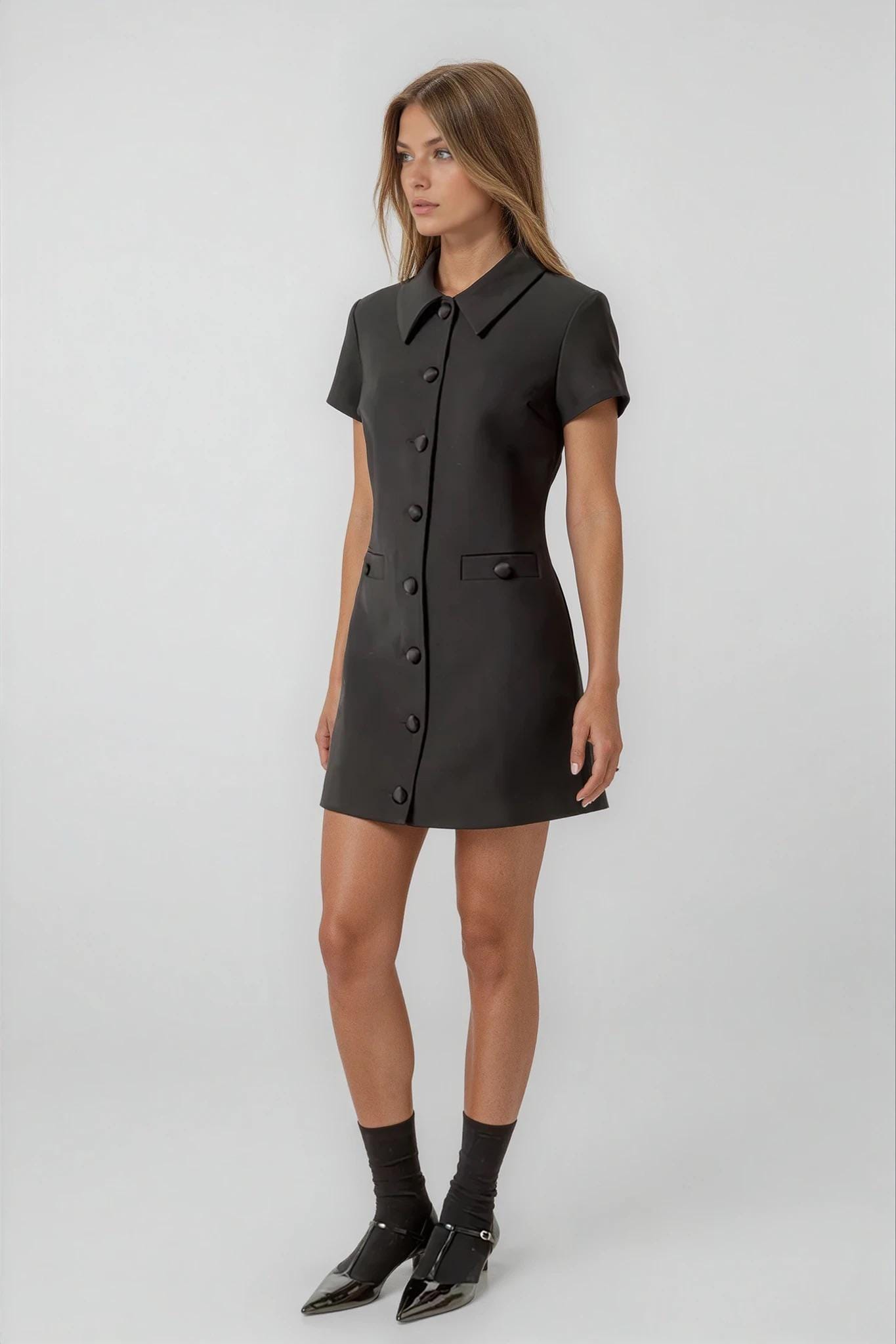 Black Velvet Buttoncollar Mini Dress Elegant Modern Style