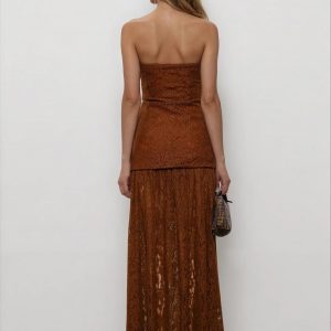 Brown Lace Strapless Maxi Dress Full Skirt &