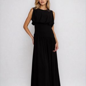 Black Shirred Bobble Maxi Dress Textured Elegant Style