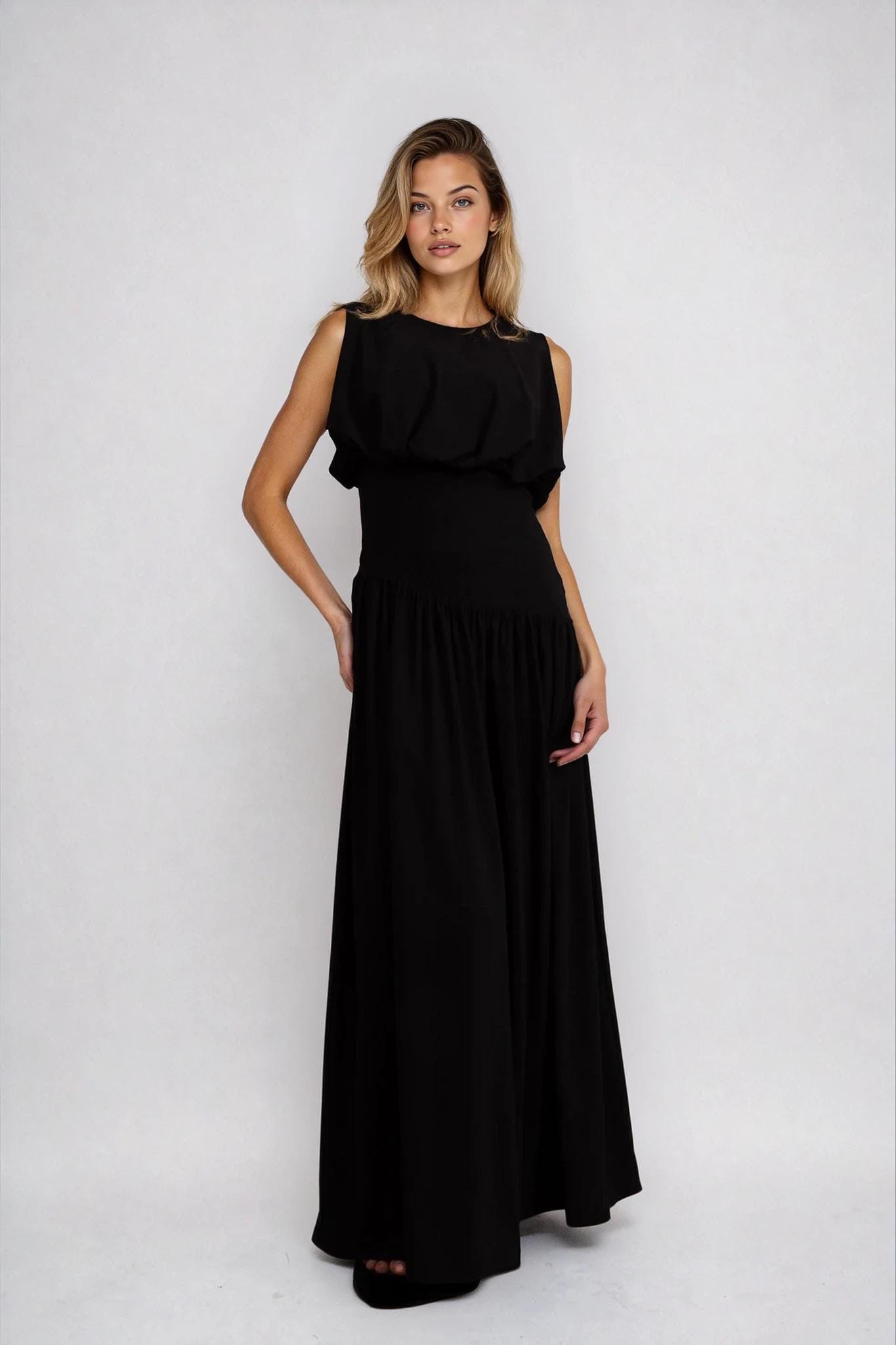 Black Shirred Bobble Maxi Dress Textured Elegant Style