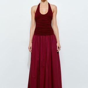 Wine Contrast Halter Maxi Dress With Pockets Elegant