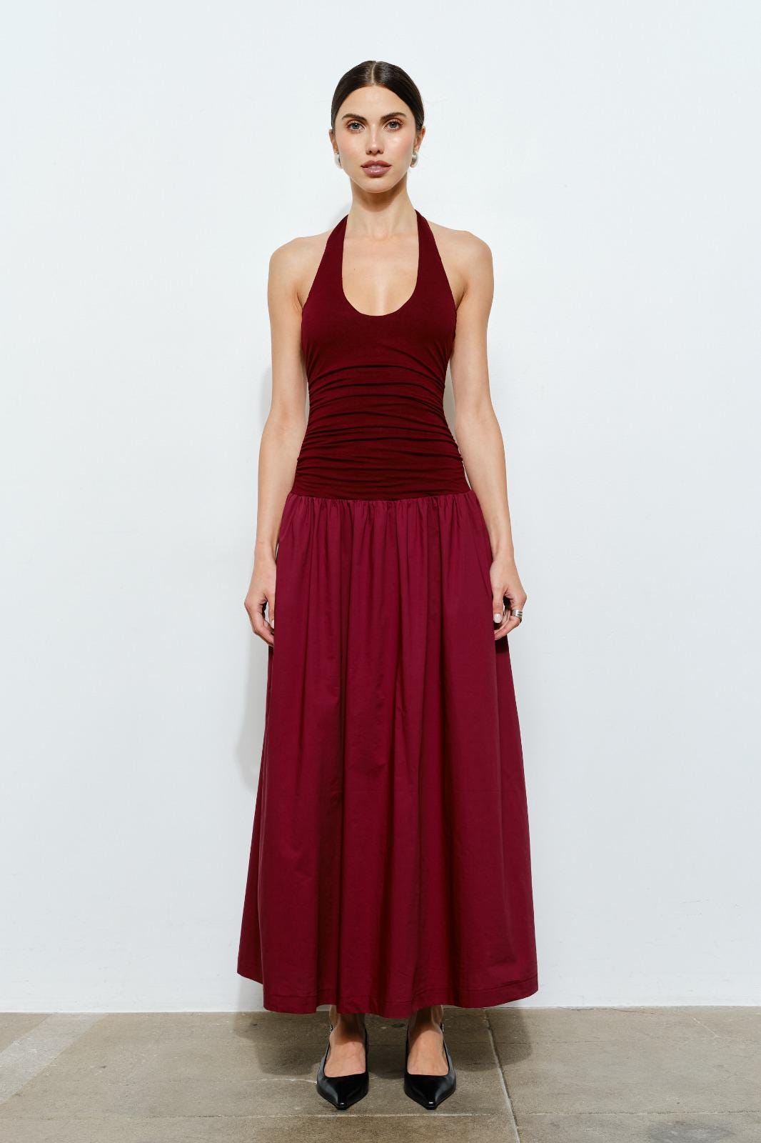 Wine Contrast Halter Maxi Dress With Pockets Elegant