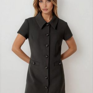 Black Velvet Buttoncollar Mini Dress Elegant Modern Style