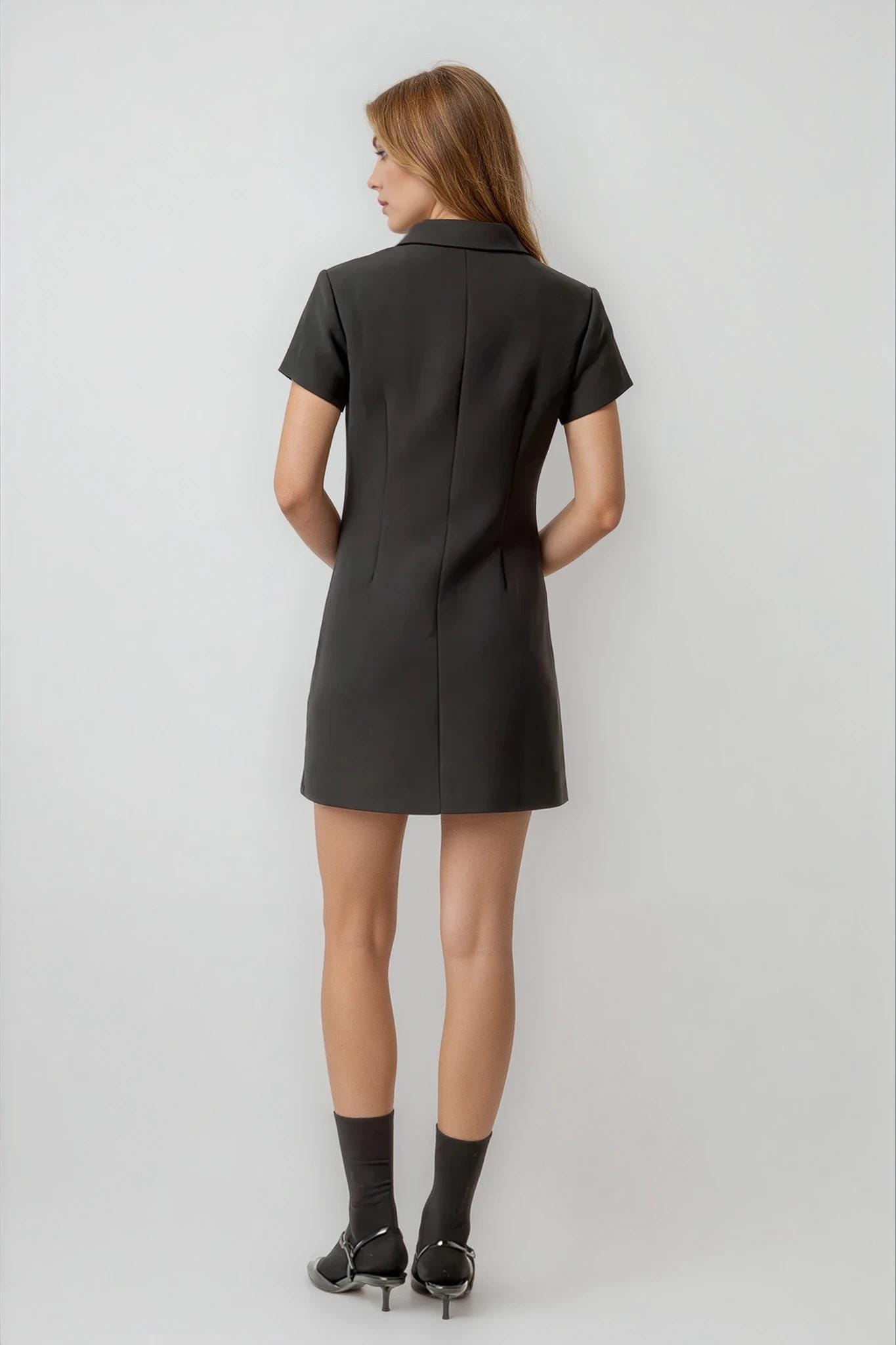 Black Velvet Buttoncollar Mini Dress Elegant Modern Style