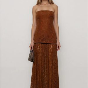 Brown Lace Strapless Maxi Dress Full Skirt &