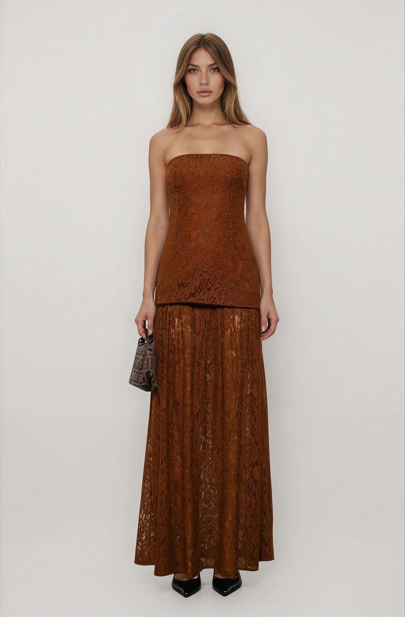 Brown Lace Strapless Maxi Dress Full Skirt &