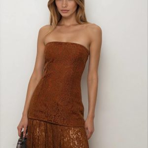 Brown Lace Strapless Maxi Dress Full Skirt &