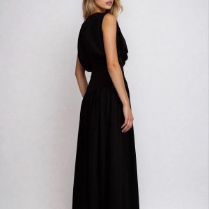 Black Shirred Bobble Maxi Dress Textured Elegant Style